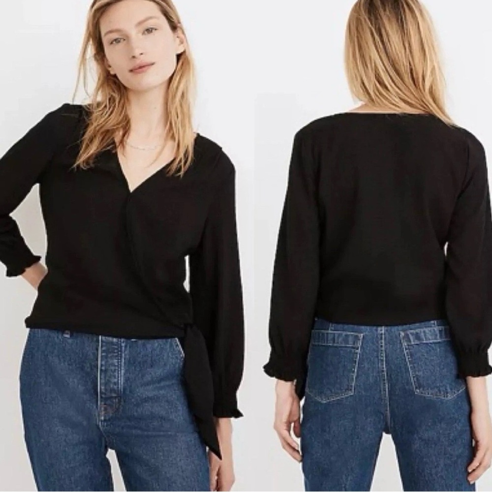 Madewell Womens Wrap Top Smocked Sleeve Long Sleeve Black Size XXS New